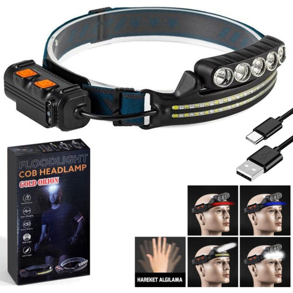 Kafa Feneri Lambası Cob LED Mavi Kırmızı Alarm Işıklı Sensörlü Şarjlı Gold Orıon KM-214 Kafa Feneri Fiyatı
