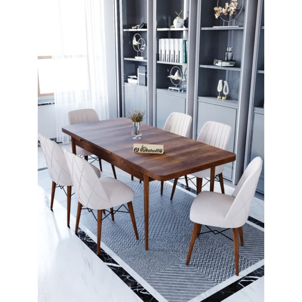 Kaffa Home Ovo Barok 80x130 Açılabilir Masa, Yemek Masası, Mutfak Masası , Masa Takımı, 6 Kişilik Masa Sandalye Takımı - Krem Masa - Sandalye Seti / Takımı Fiyatı