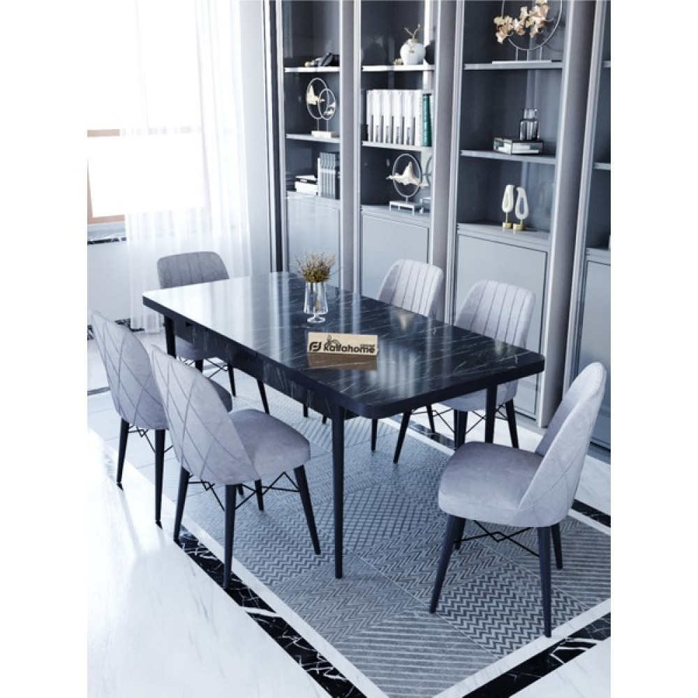 Kaffa Home Ovo Lex , 80X130 Siyah Açılabilir 1.sınıf Babyface Kumaş Mutfak Masa Takımı 6 Gri Sandalye Masa - Sandalye Seti / Takımı Fiyatı