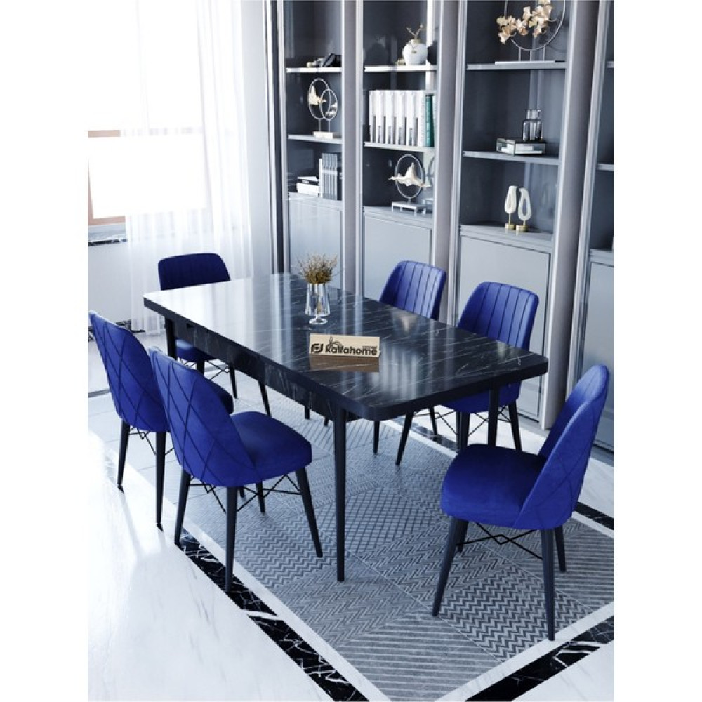 Kaffa Home Ovo Lex , 80X130 Siyah Açılabilir 1.sınıf Babyface Kumaş Mutfak Masa Takımı 6 Lacivert Sandalye Masa - Sandalye Seti / Takımı Fiyatı