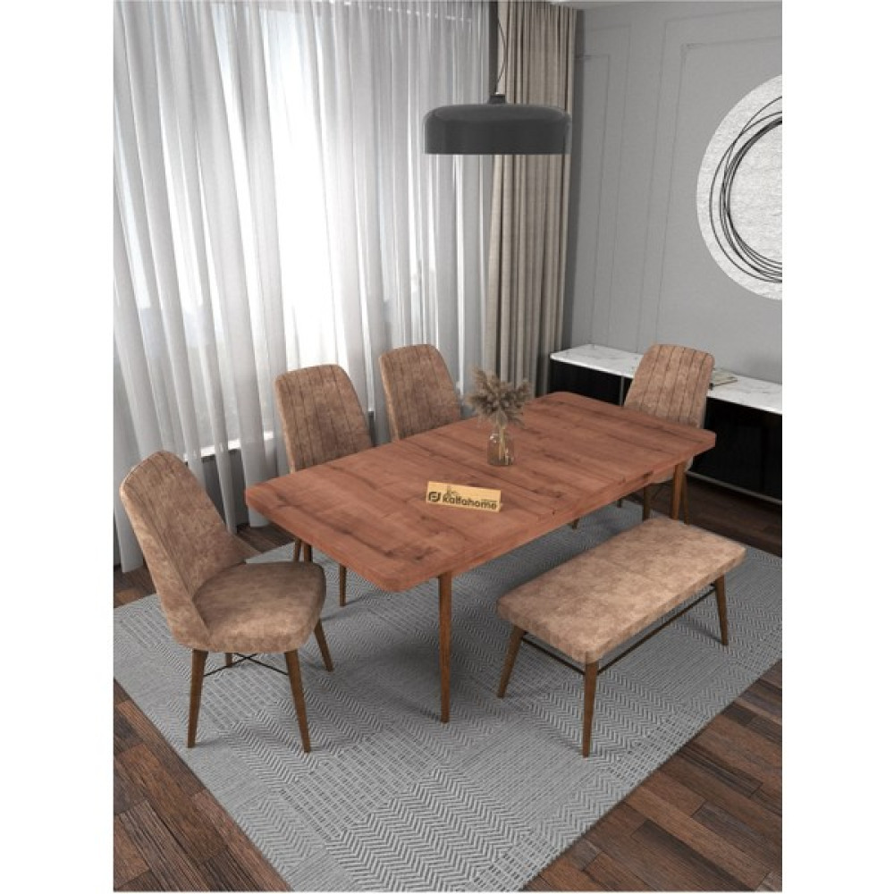 Kaffa Home Pufkaf Sümela 4 Cappucino Sandalye 1 Benchli Puflu Takım 80X130 Açılabilir Yemek Masası Masa - Sandalye Seti / Takımı Fiyatı