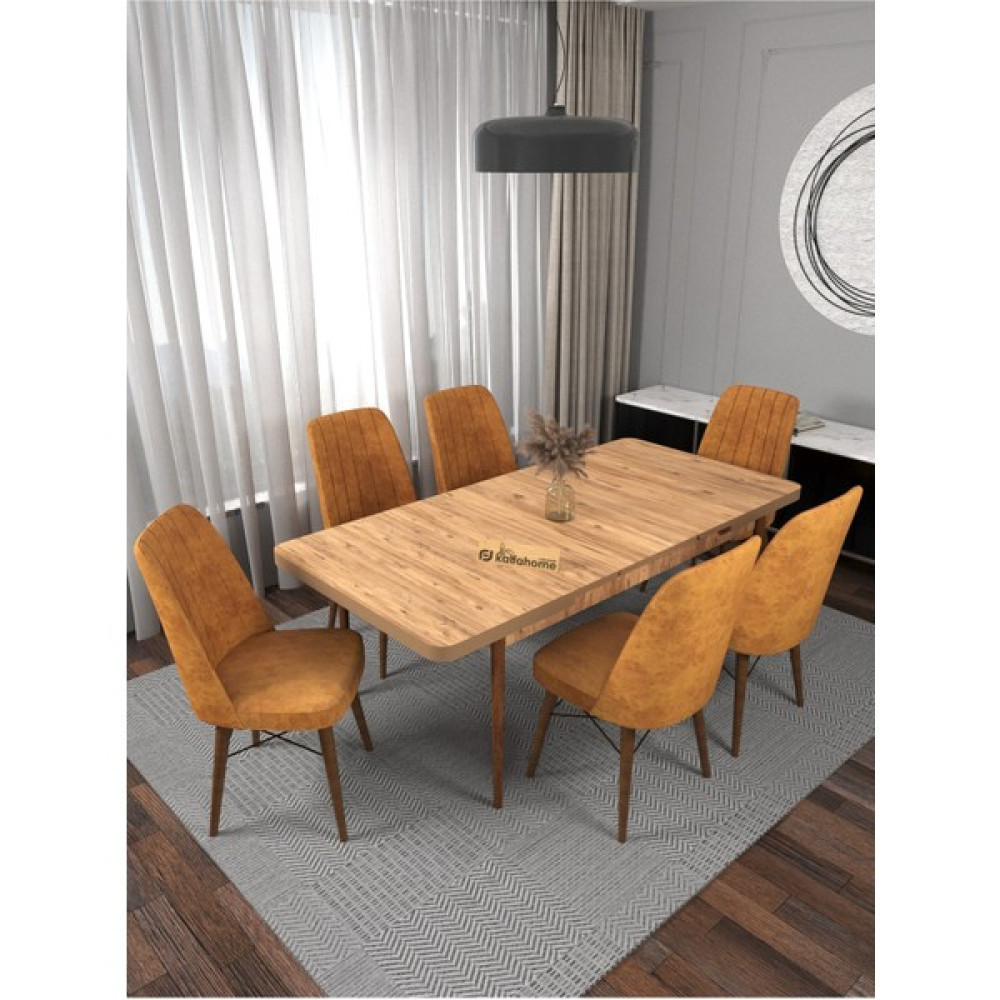 Kaffa Home Riff Serisi Atlantik 80x130 Açılabilir Masa, 6 Kişilik Yemek Masası, Yemek Masa Takımı - Hardal Masa - Sandalye Seti / Takımı Fiyatı