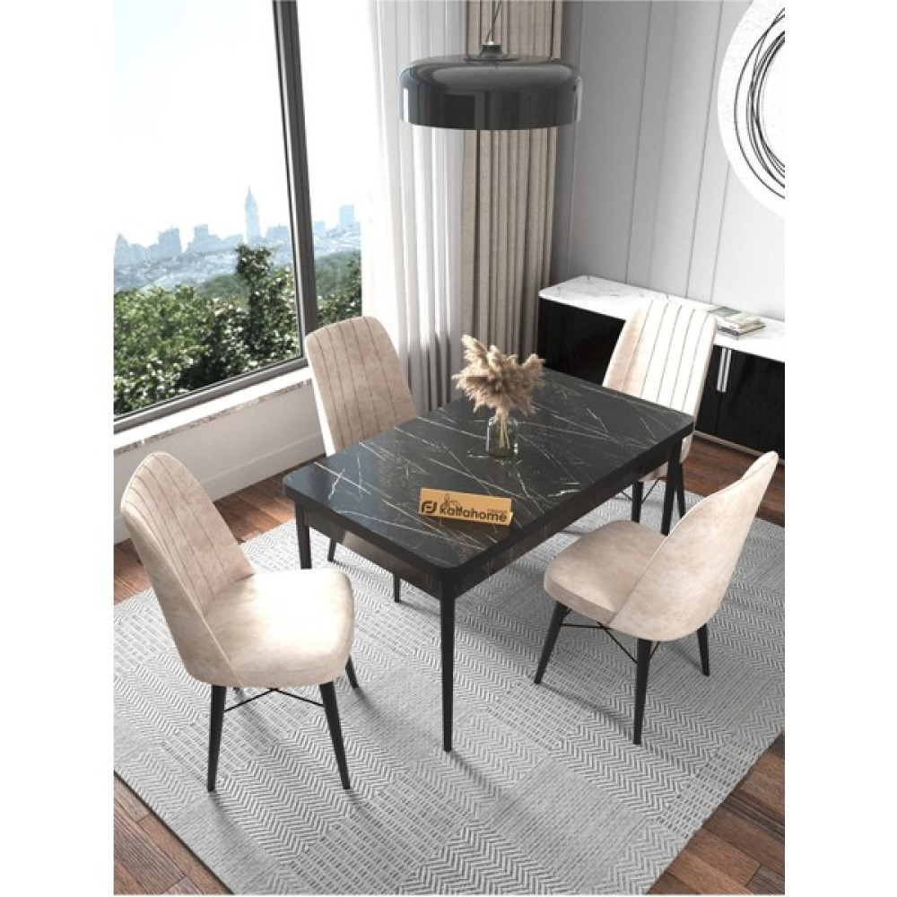 Kaffa Home Verge Serisi Siyah 70 x 110 cm Sabit Yemek Masası Mutfak Masası Masa Takımı 4 Krem Sandalyeli Masa - Sandalye Seti / Takımı Fiyatı