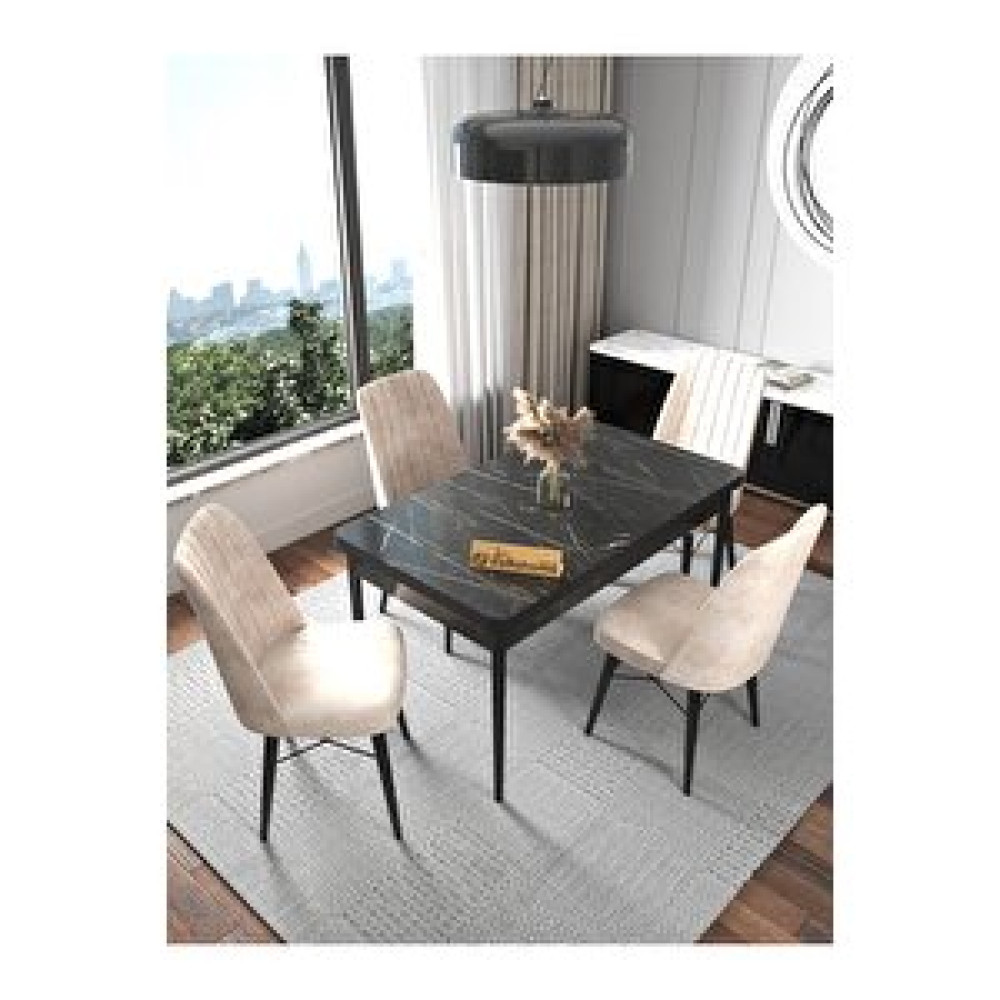 Kaffahome Fixed Lex Serisi , Siyah Mutfak Masa Takımı Yemek Masası 70x110 Sabit 4 Krem Sandalye Krem Yemek & Mutfak Masası Fiyatı