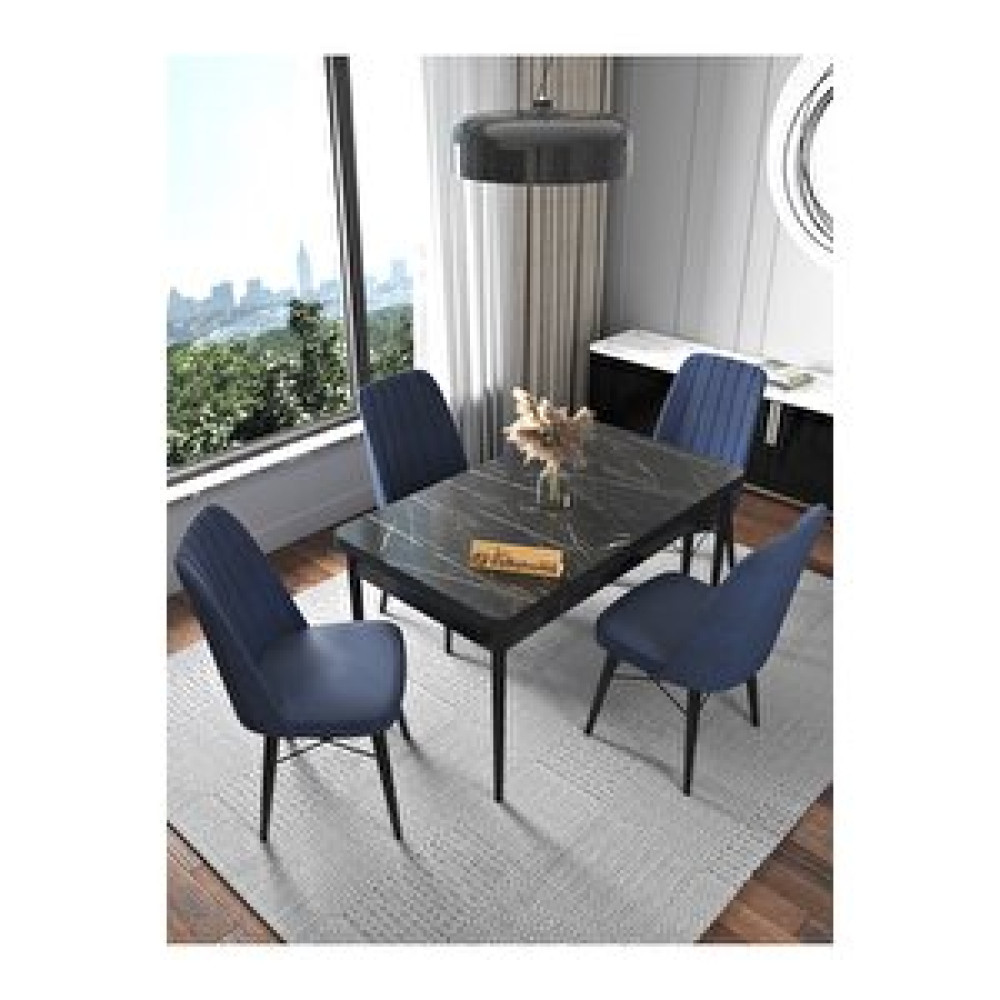 Kaffahome Fixed Lex Serisi , Siyah Mutfak Masa Takımı Yemek Masası 70x110 Sabit 4 Lacivert Sandalye Lacivert Yemek & Mutfak Masası Fiyatı