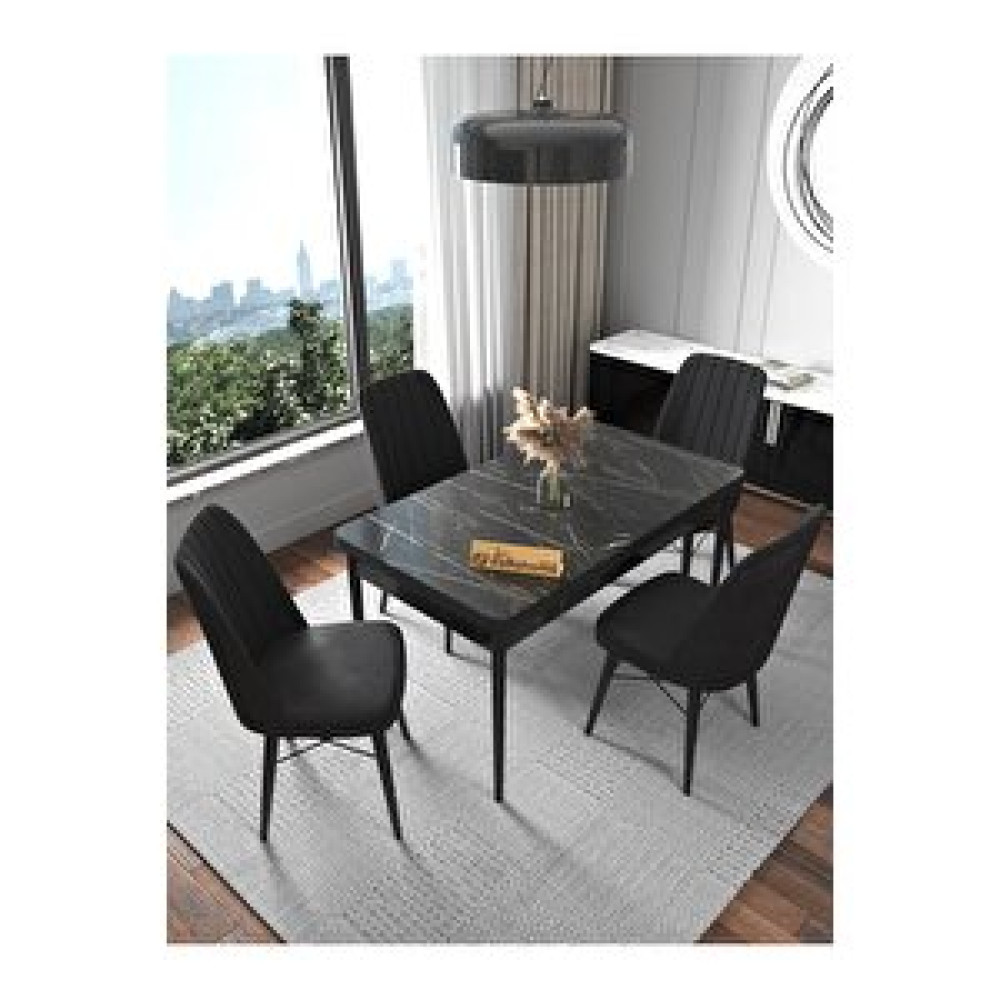 Kaffahome Fixed Lex Serisi , Siyah Mutfak Masa Takımı Yemek Masası 70x110 Sabit 4 Siyah Sandalye Siyah Yemek & Mutfak Masası Fiyatı