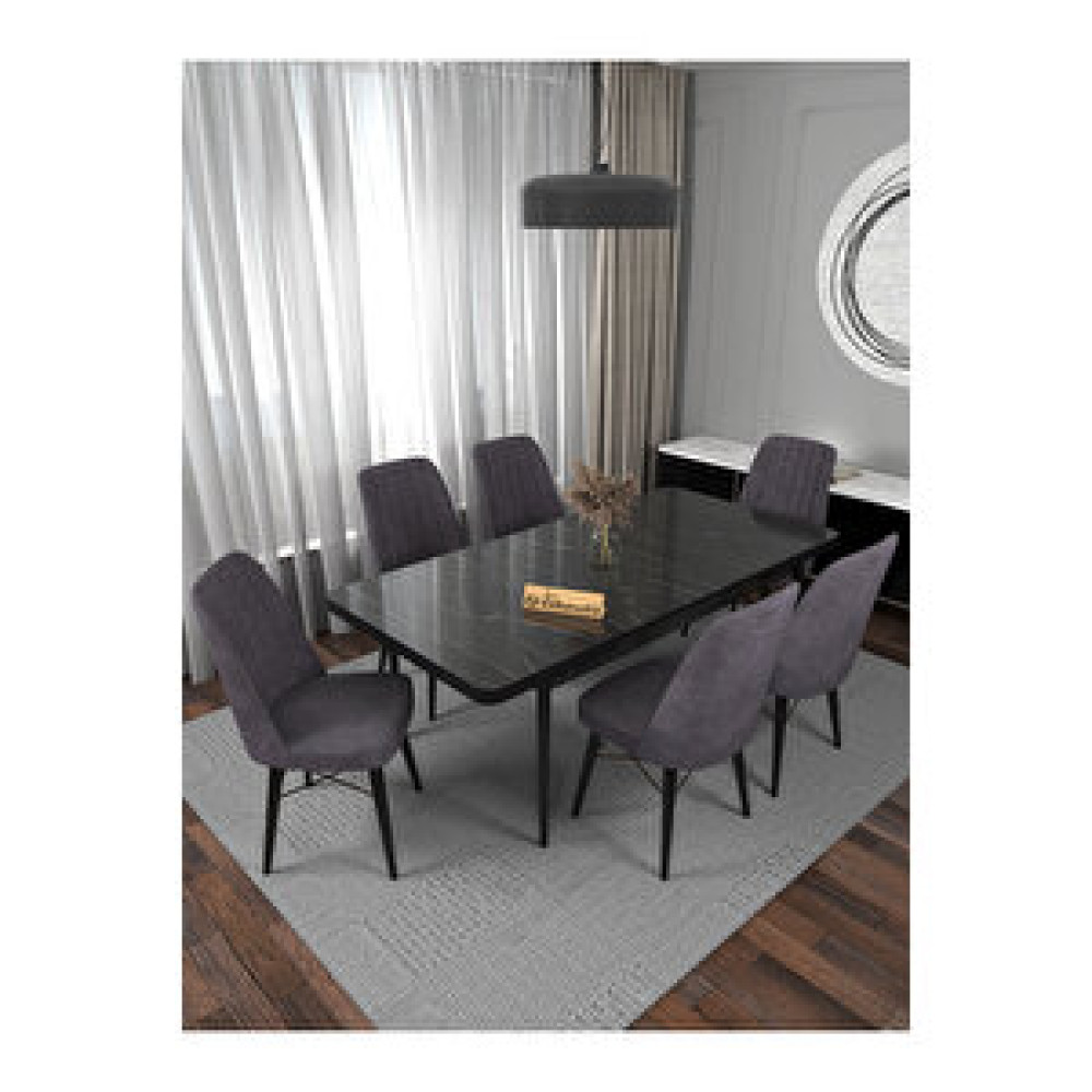 Kaffahome Riff Lex , 80x130 Kapalı 80x170 Açılabilir Siyah Mermer Mutfak Masa Takımı 6 Gri Sandalye Gri Yemek & Mutfak Masası Fiyatı