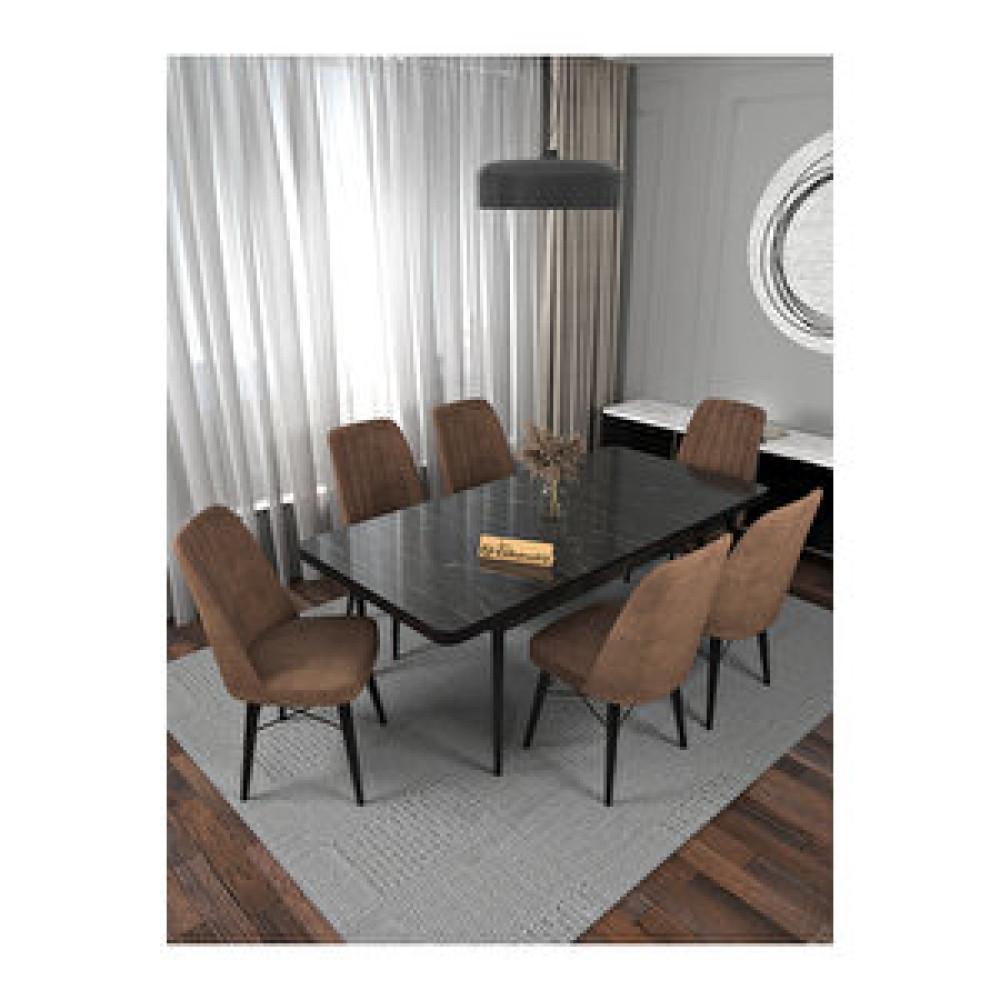 Kaffahome Riff Lex , 80x130 Kapalı 80x170 Açılabilir Siyah Mermer Mutfak Masa Takımı 6 Kahverengi Sandalye Kahverengi Yemek & Mutfak Masası Fiyatı