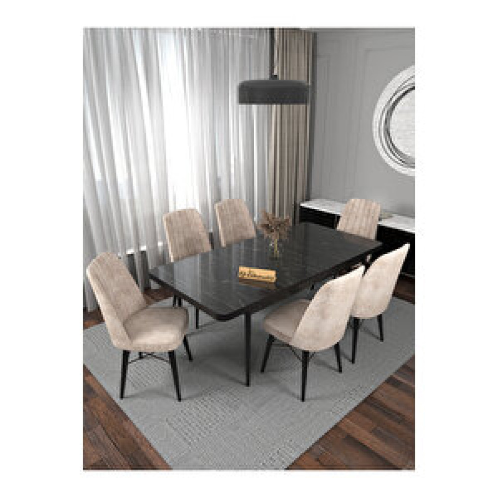 Kaffahome Riff Lex , 80x130 Kapalı 80x170 Açılabilir Siyah Mermer Mutfak Masa Takımı 6 Krem Sandalye Krem Yemek & Mutfak Masası Fiyatı
