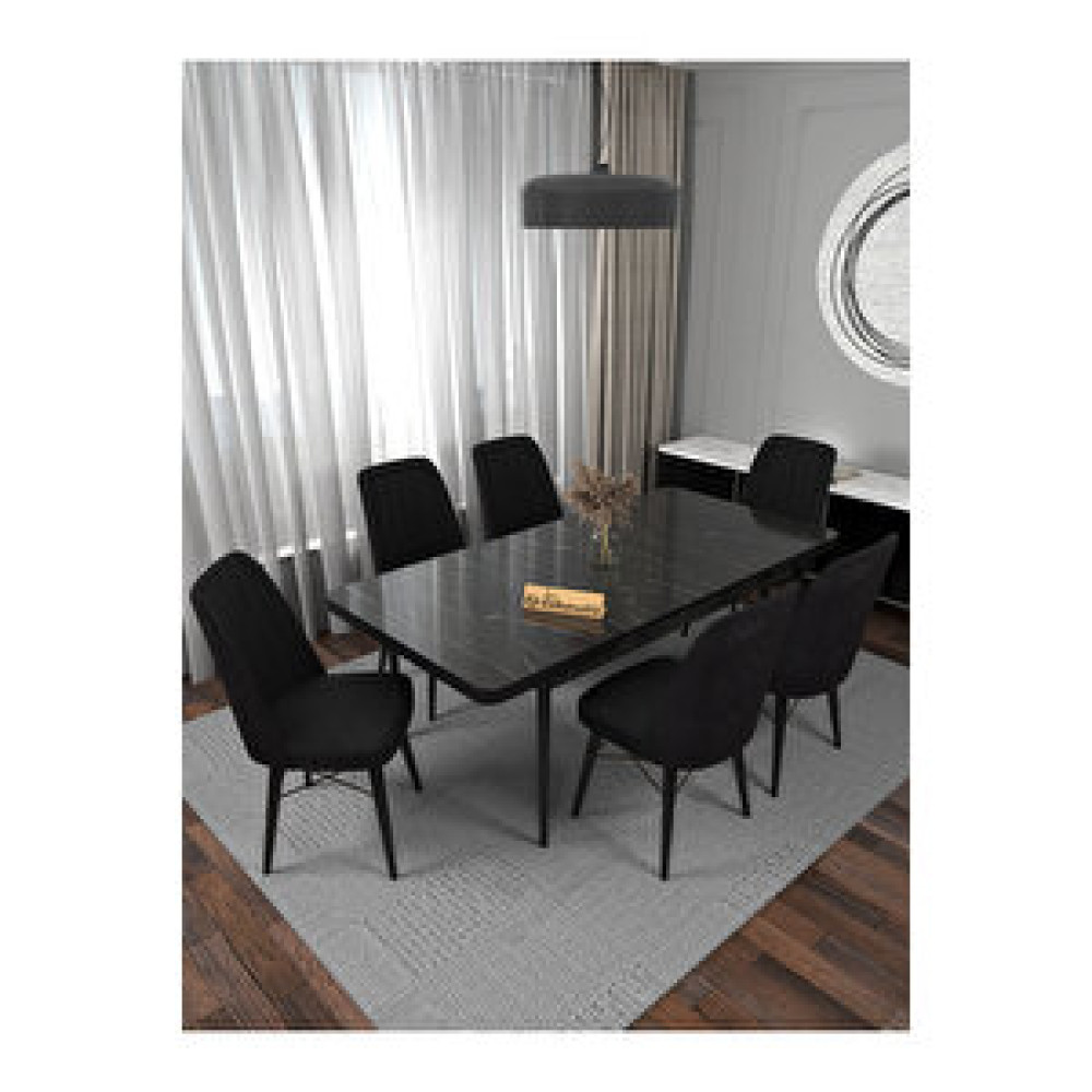 Kaffahome Riff Lex , 80x130 Kapalı 80x170 Açılabilir Siyah Mermer Mutfak Masa Takımı 6 Siyah Sandalye Siyah Yemek & Mutfak Masası Fiyatı