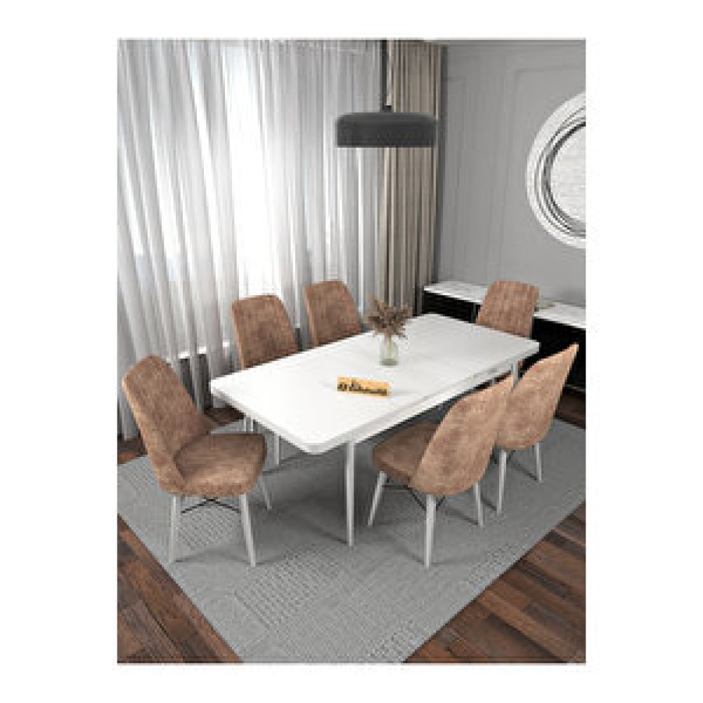 Kaffahome Riff Raw , 80x130 Kapalı 80x170 Açılabilir Beyaz Mutfak Masa Takımı 6 Cappucino Sandalye Cappuccino Yemek & Mutfak Masası Fiyatı