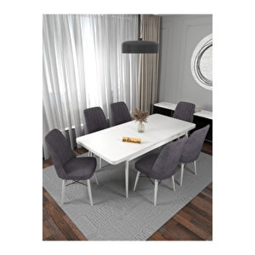 Kaffahome Riff Raw , 80x130 Kapalı 80x170 Açılabilir Beyaz Mutfak Masa Takımı 6 Gri Sandalye Gri Yemek & Mutfak Masası Fiyatı