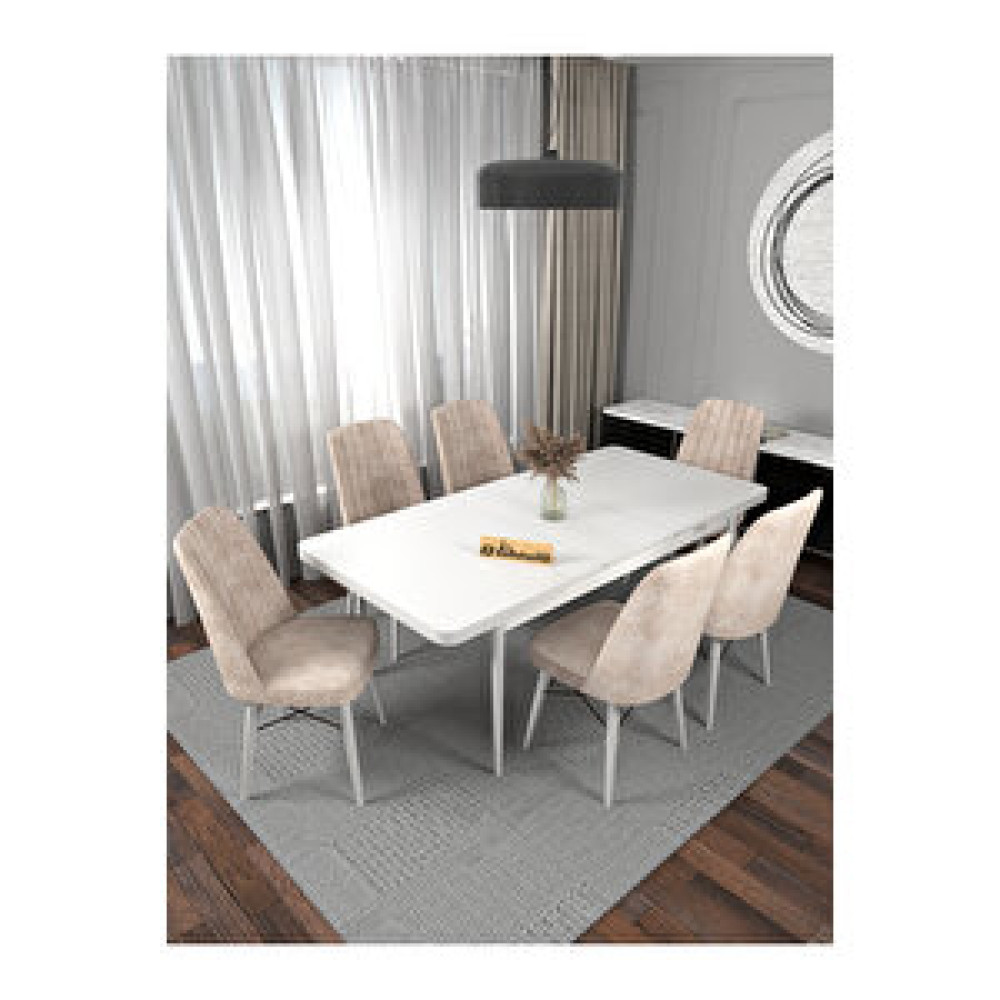 Kaffahome Riff Raw , 80x130 Kapalı 80x170 Açılabilir Beyaz Mutfak Masa Takımı 6 Krem Sandalye Krem Yemek & Mutfak Masası Fiyatı
