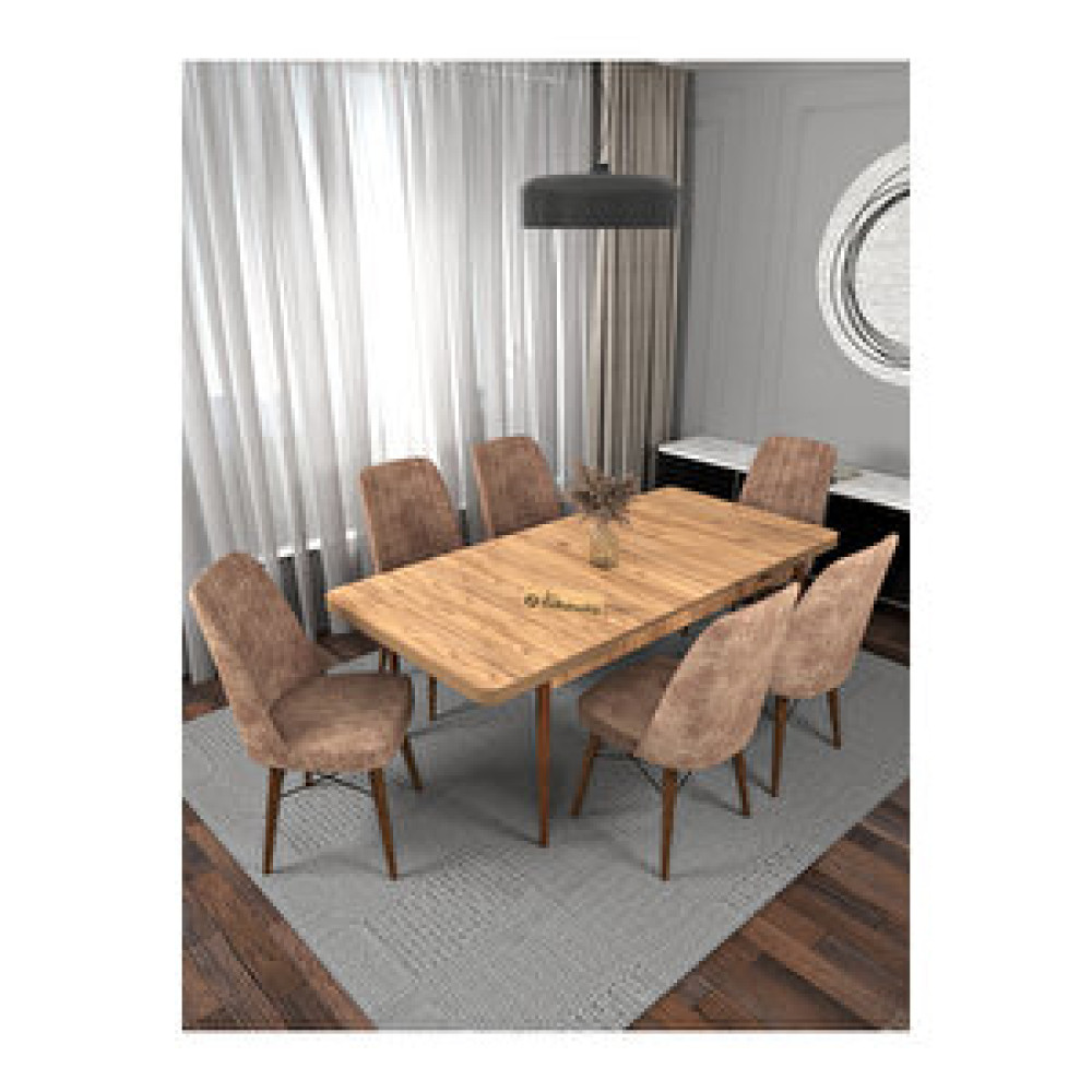 Kaffahome Riff Serisi , 80x130 Kapalı 80x170 Açılabilir Atlantik Çam Mutfak Masa Takımı 6 Cappucino Sandalye Cappuccino Yemek & Mutfak Masası Fiyatı