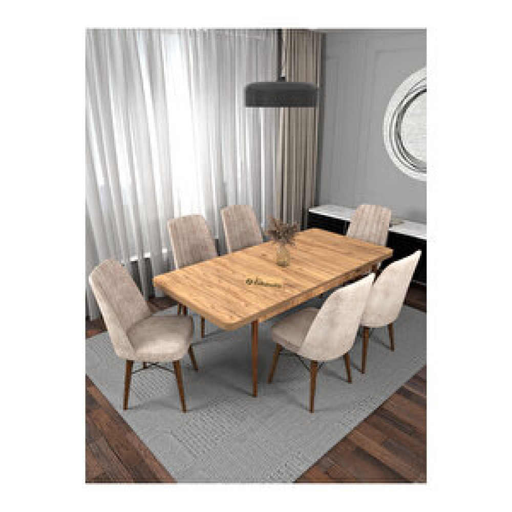 Kaffahome Riff Serisi , 80x130 Kapalı 80x170 Açılabilir Atlantik Çam Mutfak Masa Takımı 6 Krem Sandalye Krem Yemek & Mutfak Masası Fiyatı