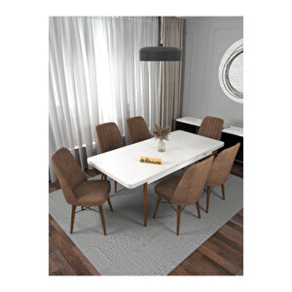 Kaffahome Riff Serisi , 80x130 Kapalı 80x170 Açılabilir Beyaz Mutfak Masa Takımı 6 Kahverengi Sandalye Kahverengi Yemek & Mutfak Masası Fiyatı