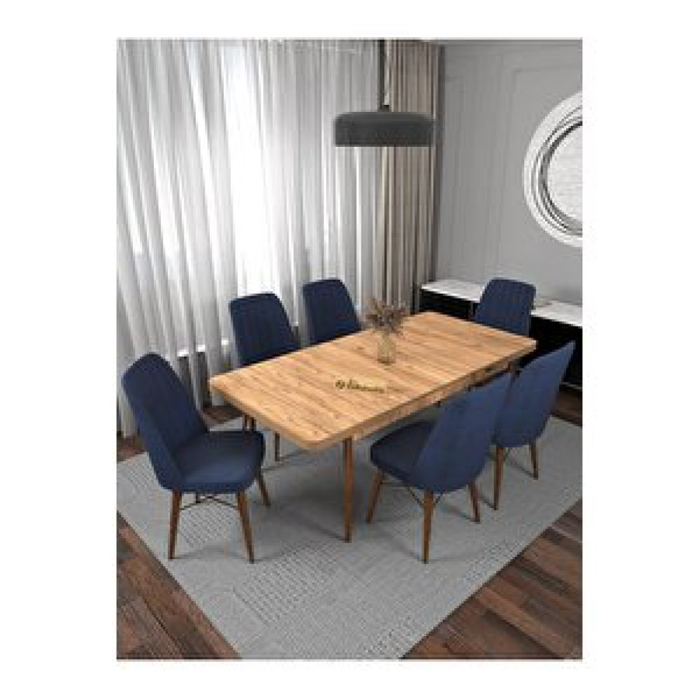 Kaffahome Riff Serisi , Atlantik Mutfak Masa Takımı Yemek Masası 80x130 Açılabilir 6 Lacivert Sandalye Lacivert Yemek & Mutfak Masası Fiyatı