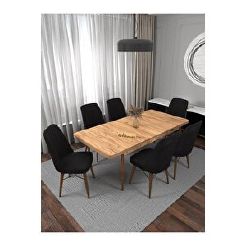 Kaffahome Riff Serisi , Atlantik Mutfak Masa Takımı Yemek Masası 80x130 Açılabilir 6 Siyah Sandalye Siyah Yemek & Mutfak Masası Fiyatı
