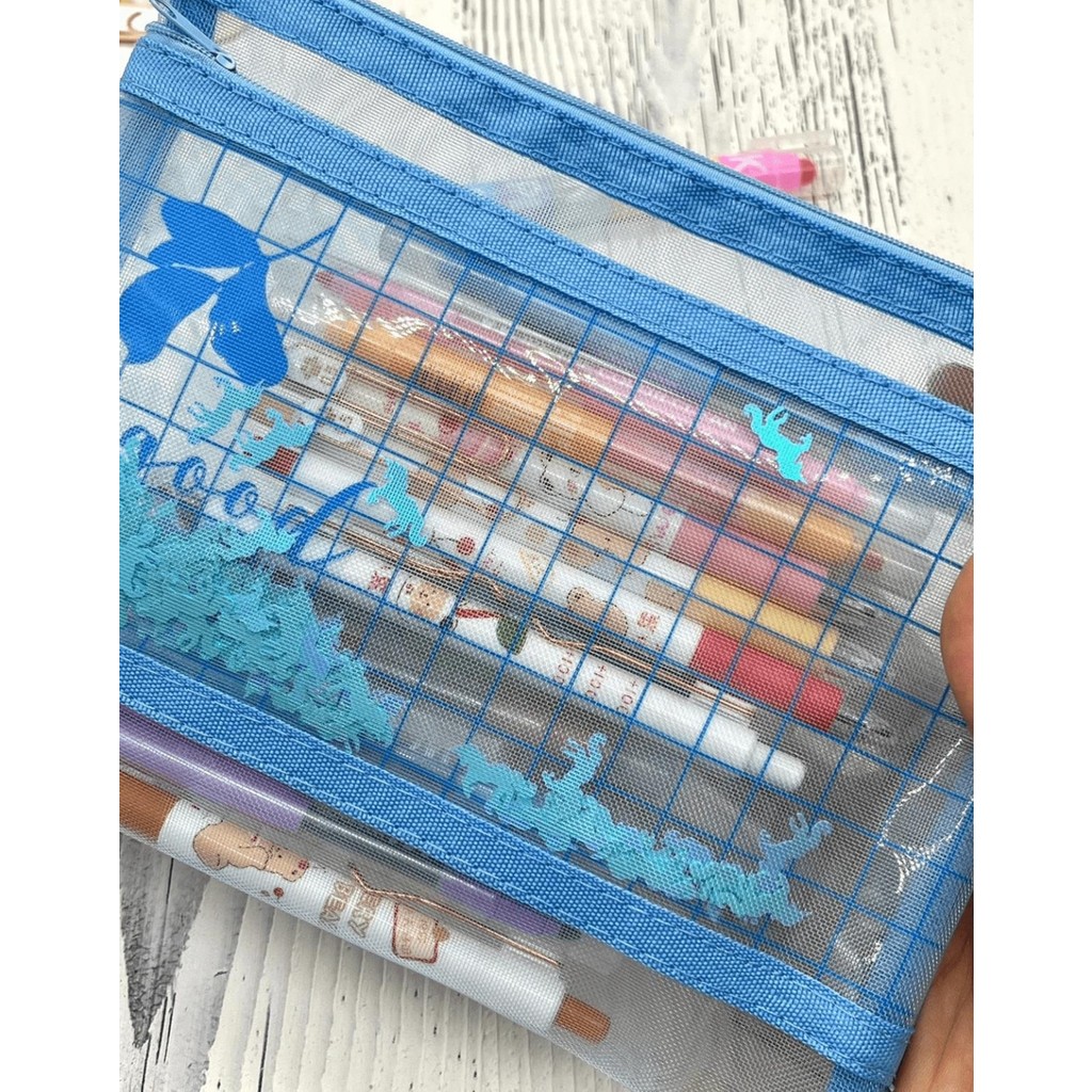 Kağıt Gemi Dükkan Kareli Mavi Çift Bölmeli Unicorn Pullu Şeffaf Çanta / Kalem Kutu / Toparlayıcı Kalem & Yazı Gereçleri Fiyatı