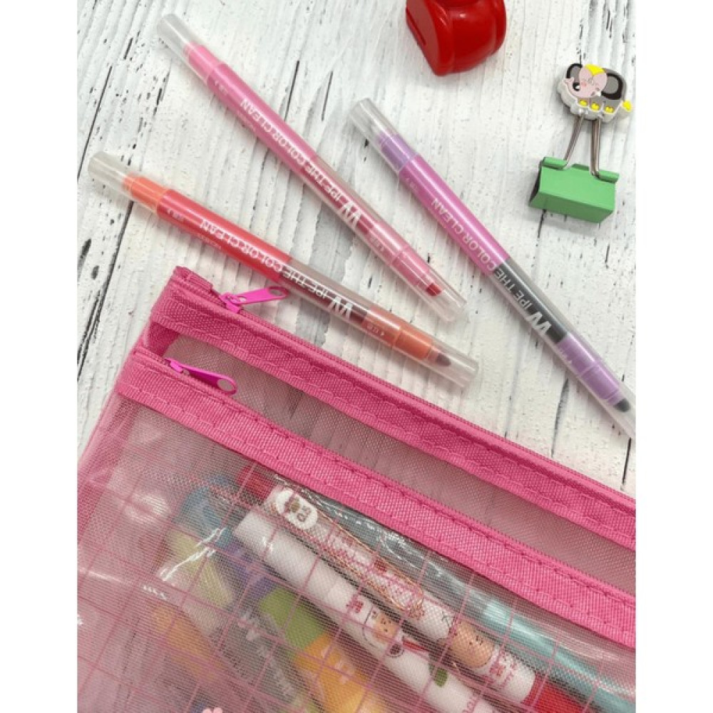 Kağıt Gemi Dükkan Kareli Pembe Çift Bölmeli Çiçek Pullu Şeffaf Çanta / Kalem Kutu / Toparlayıcı Kalemlik (Kalem Kutusu) Fiyatı