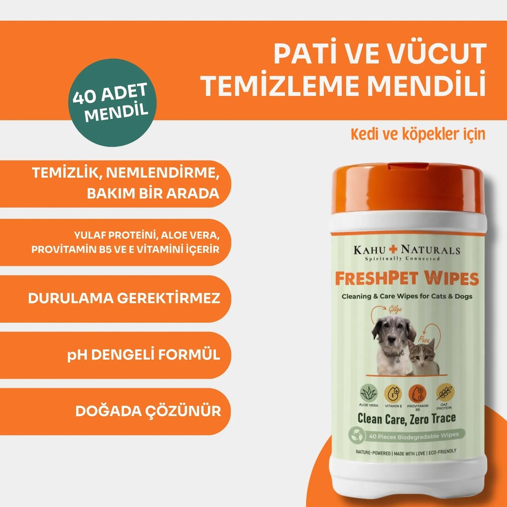 Kahu Naturals Pati, Tüy, Vücut Temizleme Mendili, Kedi ve Köpek, Doğada Çözünür, Aloe Vera, Vitamin E ve B5, Yulaf Proteini, 40 Adet Diğer Fiyatı