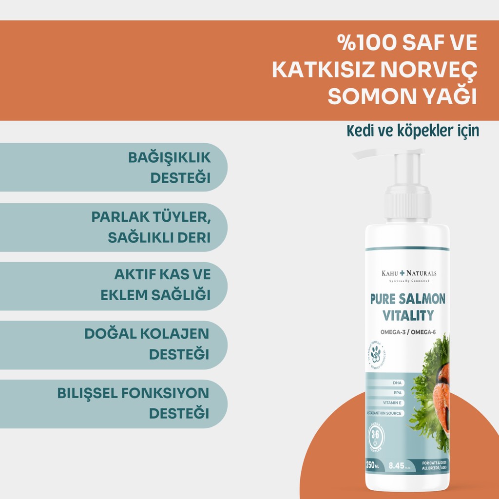 Kahu Naturals Pure Salmon Vitality %100 Doğal Norveç Somon Balık Yağı, Omega 3 ve 6, E Vitamini, Kedi ve Köpek, 250 ml Diğer Fiyatı