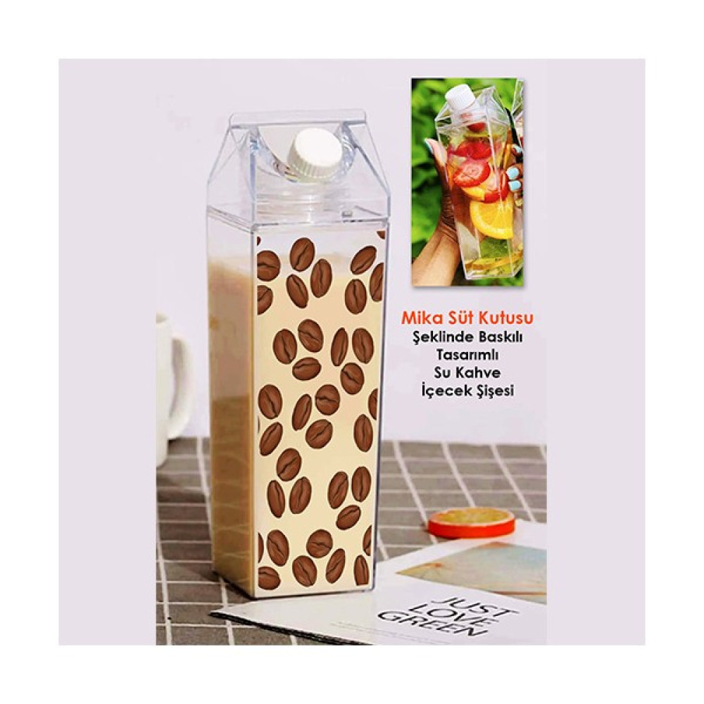 Kahve Çekirdeği Baskılı Mika Süt Kutu Tasarımlı Su Kahve Içecek Şişesi - Cam Değildir - 500 ml - Şeffaf Fincan / Bardak / Kahve Takımı Fiyatı