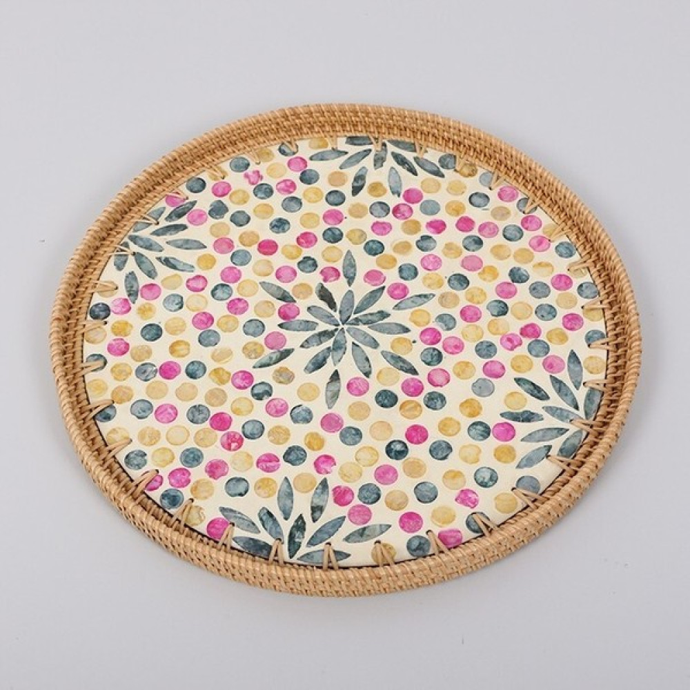 Kahve Sunum Tepsisi, Mor Çiçekli Sedef Seramik Rattan Tepsi, Hasır Çay Tepsisi 40x3cm Servis Tepsisi Fiyatı
