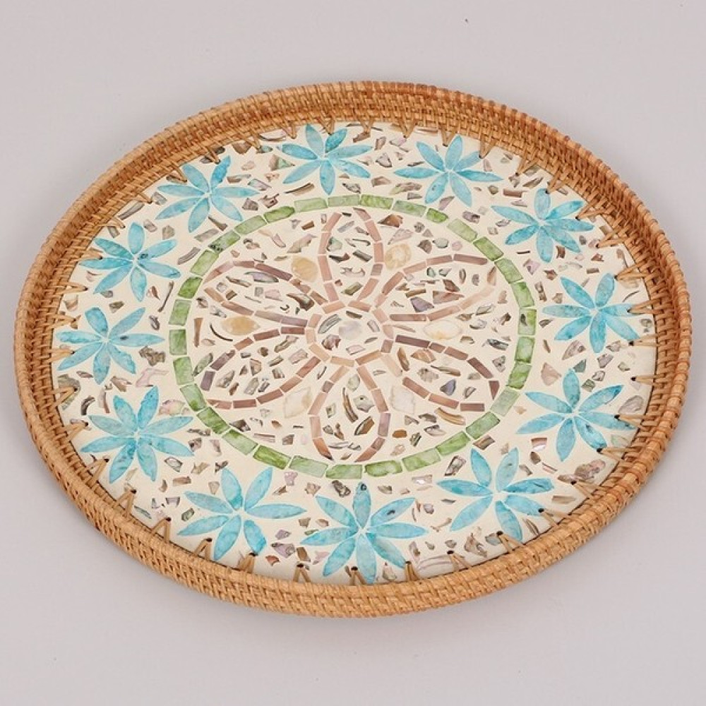 Kahve Sunum Tepsisi, Yeşil-Mavi Çiçekli Sedef Seramik Rattan Tepsi, Hasır Çay Tepsisi 40x3cm Servis Tepsisi Fiyatı