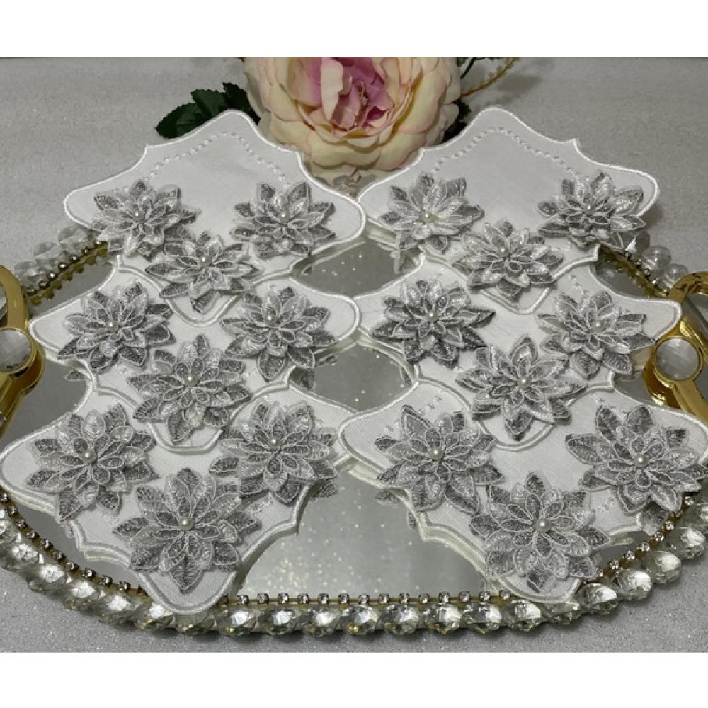 Kahve Yanı Peçete,kokteyl Peçetesi,sunum Peçetyesi,tepsi Peçetesi,nakışlı Peçete,3 Boyutlu Incili (6 Adet) - Gümüş - 14 x 14 cm Amerikan Servis Fiyatı