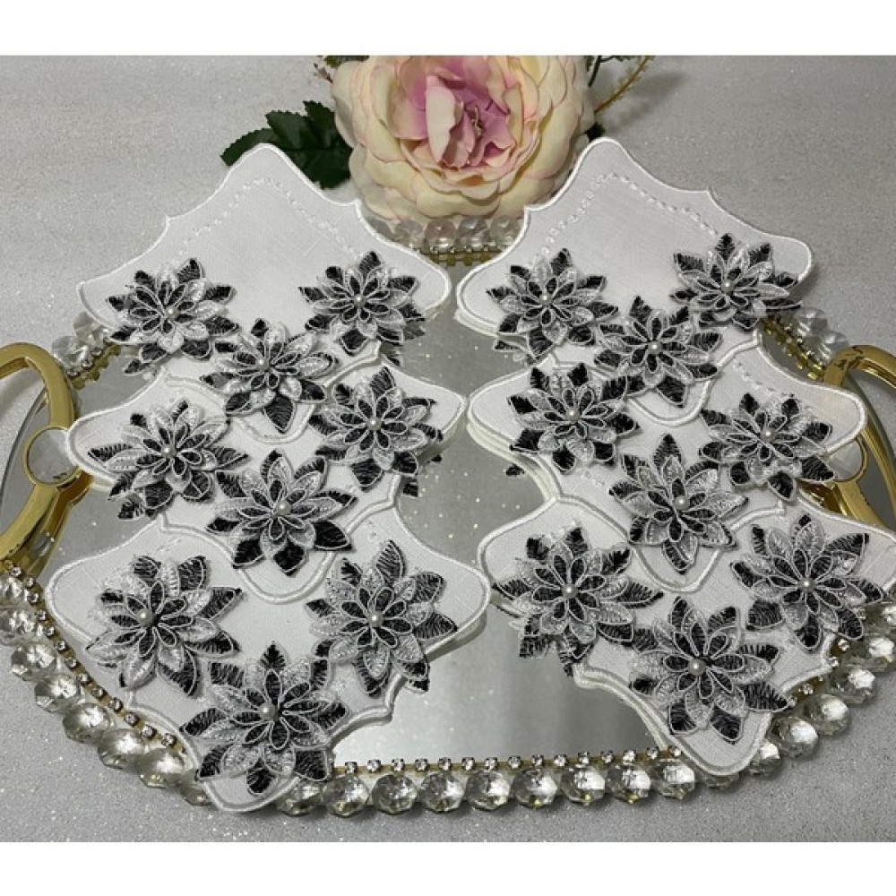 Kahve Yanı Peçete,kokteyl Peçetesi,sunum Peçetyesi,tepsi Peçetesi,nakışlı Peçete,3 Boyutlu Incili (6 Adet) - Siyah - 14 x 14 cm Amerikan Servis Fiyatı