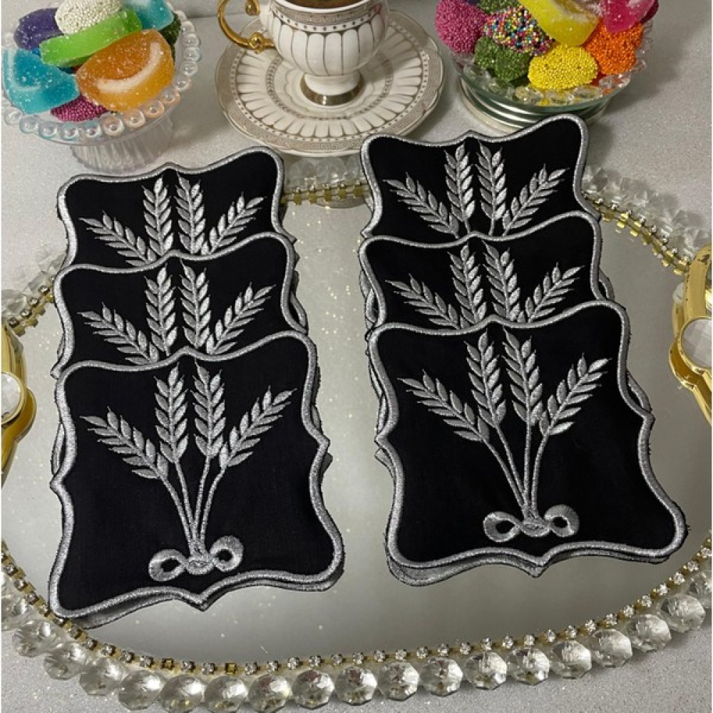 Kahve Yanı Peçete,kokteyl Peçetesi,sunum Peçetyesi,tepsi Peçetesi,nakışlı Peçete,(6 Adet) - Siyah - Gümüş - 14 x 14 cm Amerikan Servis Fiyatı