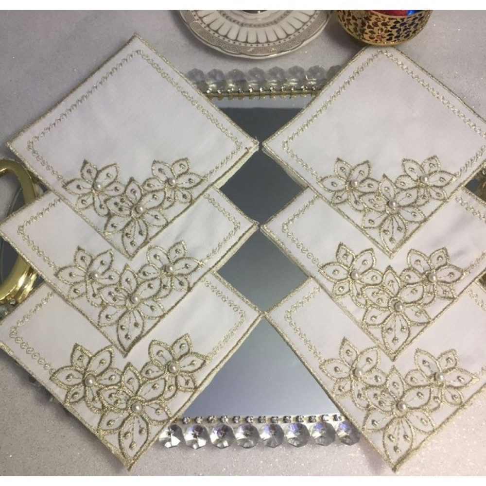 Kahve Yanı Peçete,sunum Peçetesi,kokteyl Peçetesi,kahve Sunum Peçetesi (6 Adet) Inci Detaylı - Gold - 13 x 13 cm Masa Örtüsü Fiyatı