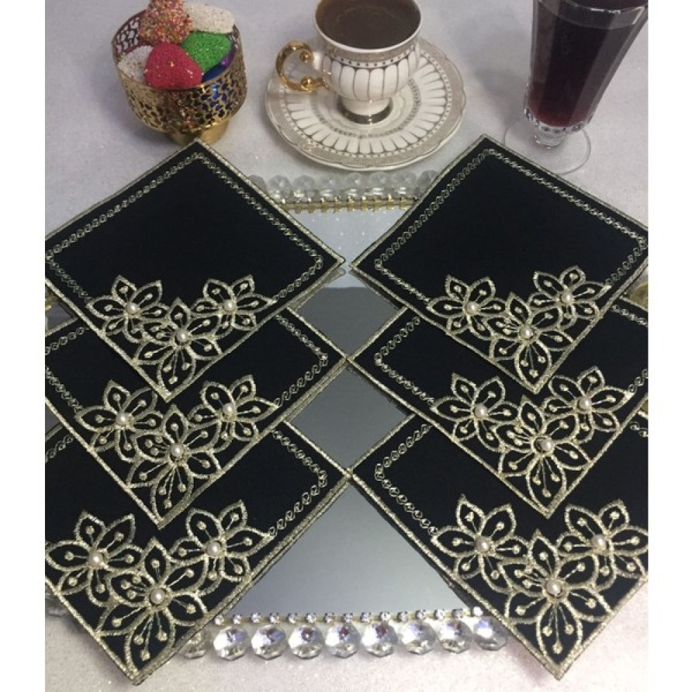 Kahve Yanı Peçete,sunum Peçetesi,kokteyl Peçetesi,kahve Sunum Peçetesi (6 Adet) Inci Detaylı - Gold - Siyah - 13 x 13 cm Masa Örtüsü Fiyatı