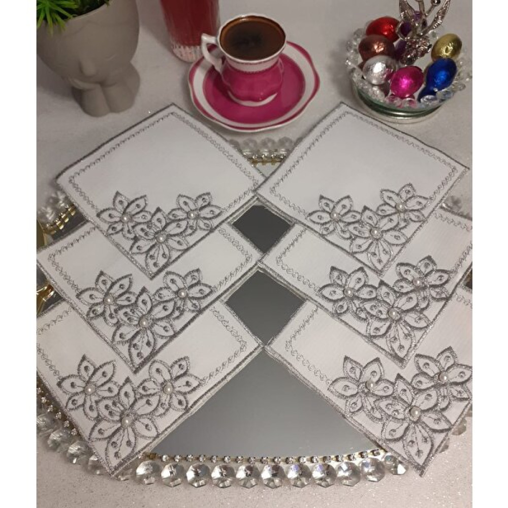 Kahve Yanı Peçete,sunum Peçetesi,kokteyl Peçetesi,kahve Sunum Peçetesi (6 Adet) Inci Detaylı - Gümüş - 13 x 13 cm Masa Örtüsü Fiyatı