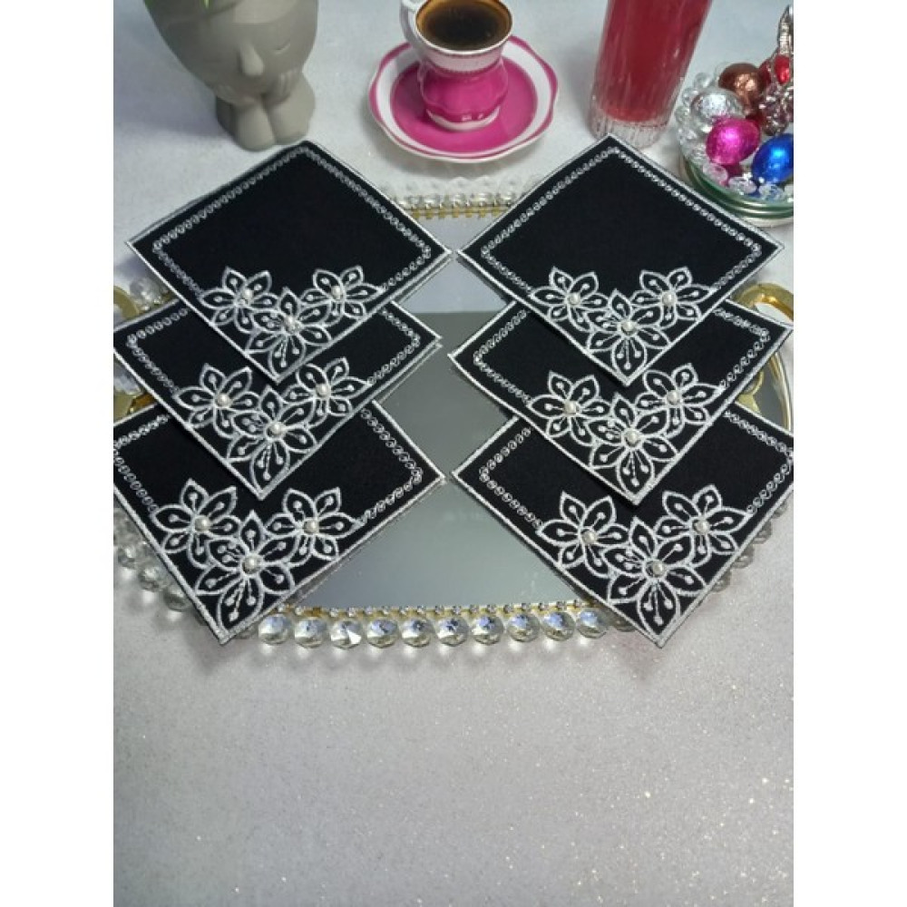 Kahve Yanı Peçete,sunum Peçetesi,kokteyl Peçetesi,kahve Sunum Peçetesi (6 Adet) Inci Detaylı - Siyah - Gümüş - 13 x 13 cm Masa Örtüsü Fiyatı