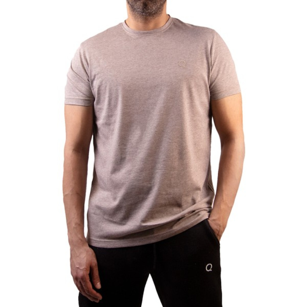 Kahverengi Basic Düz Tişört Bisiklet Yaka Regular Fit Tshirt Erkek Pamuklu Bej Melanj-Nakişli Q Logo Erkek T-shirt Fiyatı