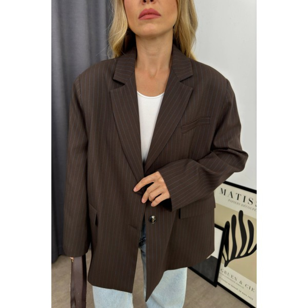 Kahverengi Mavi Çizgili Oversize Blazer Ceket Bayan Ceket Fiyatı
