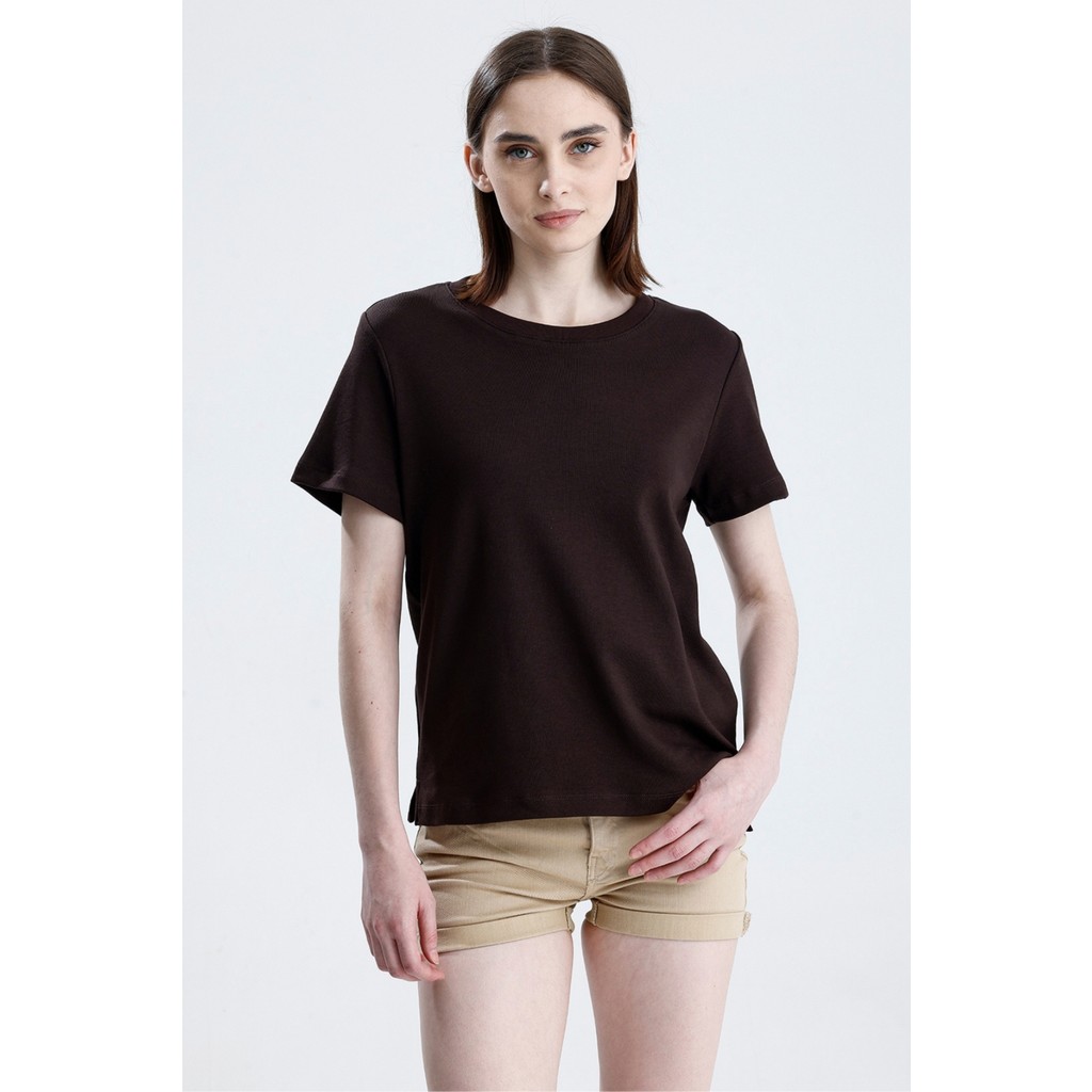 Kahverengi Regular Fit Basic Kadın T-Shirt %100 Pamuk Yırtmaçlı Kısa Kol Bisiklet Yaka Düz Renk Giyim & İç Giyim Fiyatı