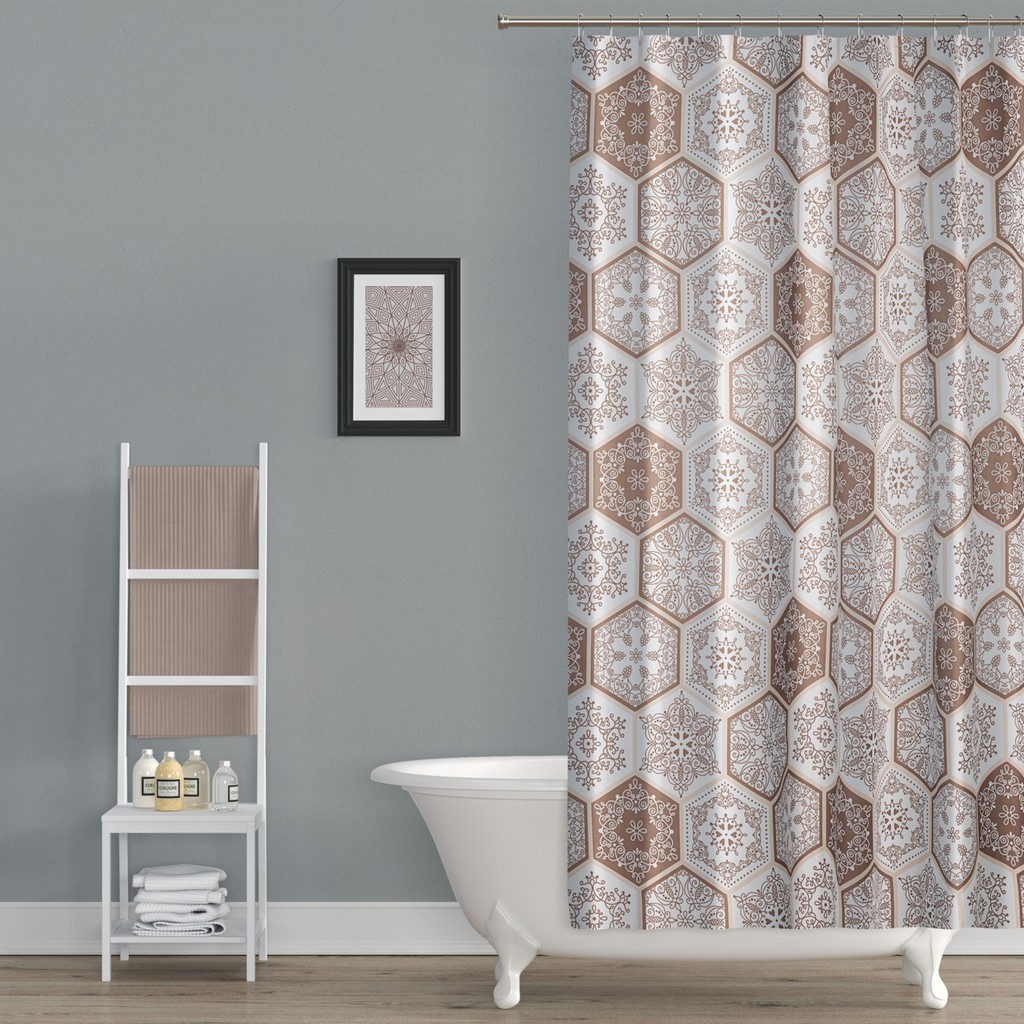 Kahverengi Şal Desen Duş Perdesi-12 Adet C Halka Hediye Banyo Perdesi, Geometrik Desen Küvet Perdesi - Açık Camel - 180 x 200 cm Perde Fiyatı