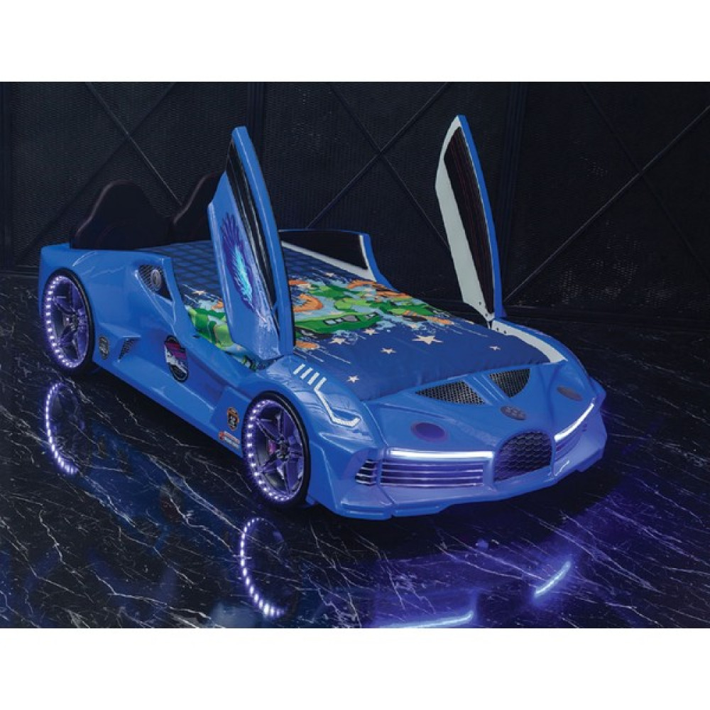 Kaju Carbed Arabalı Çocuk Yatak Bluetoothlu Kumandalı Işık ve Ses Sitemli Moon Aero Premium Mavi - 90 x 190 cm - Renkli Karyola Fiyatı