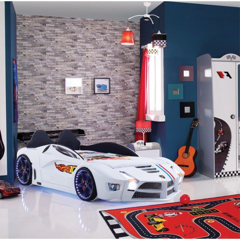 Kaju Carbed Arabalı Yatak Çocuk Karyolası Kumandalı Işık ve Ses Sistemli Luxury Full Beyaz - 90 x 190 cm Karyola Fiyatı