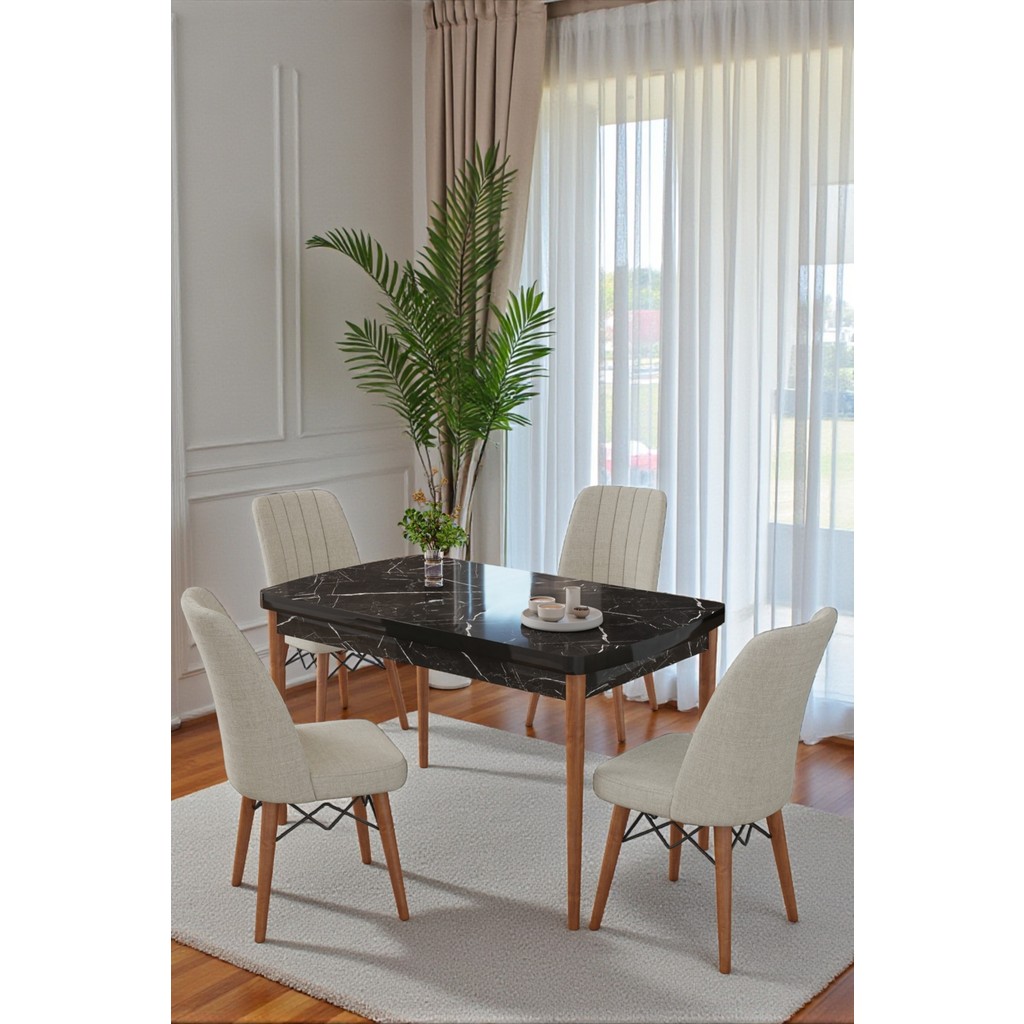 Kaktüs Avm 70X110 cm Mutfak Masası Takımı | 4 Kişilik Sabit Masa Sandalye Takımı | Yemek Masası | Masa Takımı - Siyah Mermer Masa - Krem Standart Sandalye Fiyatı
