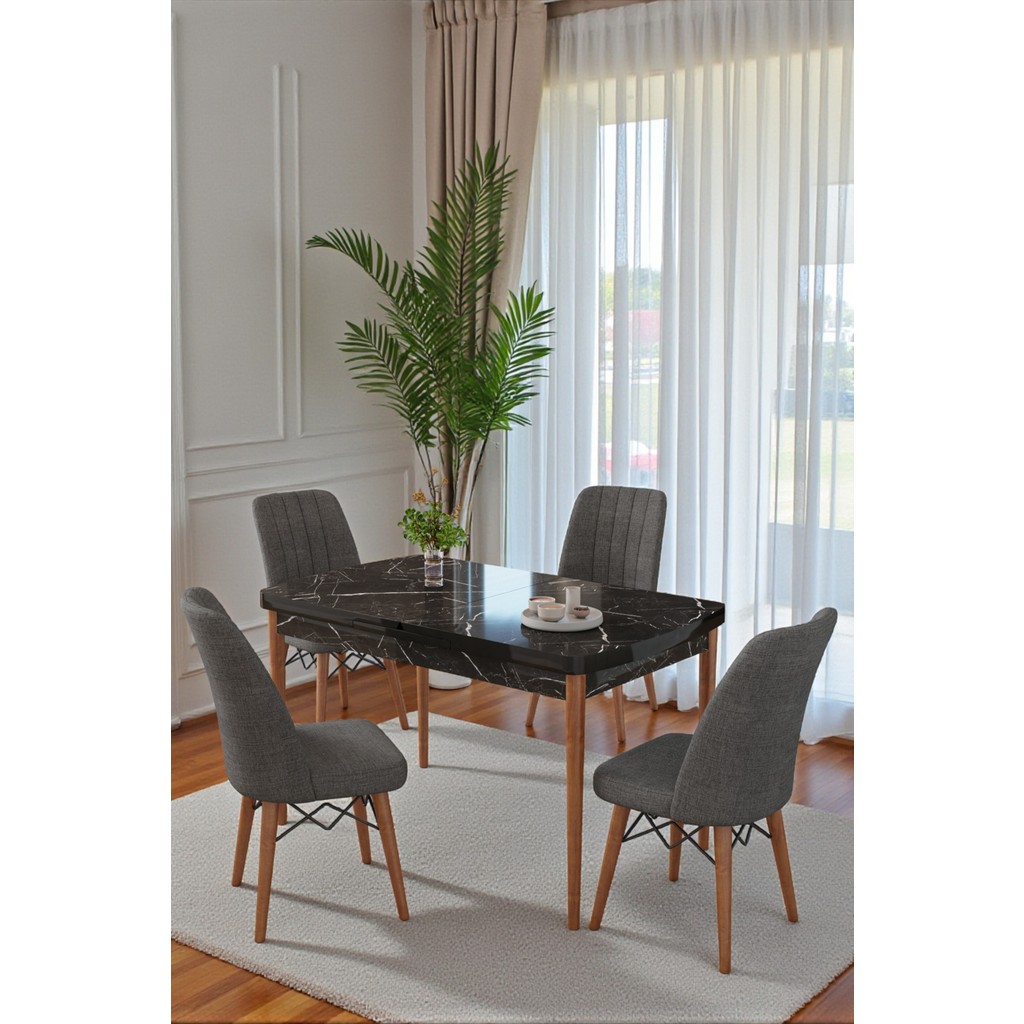 Kaktüs Avm 80X170CM Mutfak Masası Takımı | 4 Kişilik Açılır Masa Sandalye Takımı | Yemek Masası | Masa Takımı - Siyah Mermer Masa - Antrasit Standart Sandalye Fiyatı