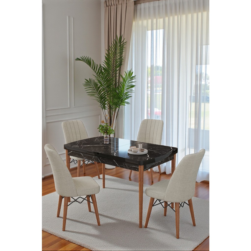 Kaktüs Avm 80X170CM Mutfak Masası Takımı | 4 Kişilik Açılır Masa Sandalye Takımı | Yemek Masası | Masa Takımı - Siyah Mermer Masa - Krem Standart Sandalye Fiyatı