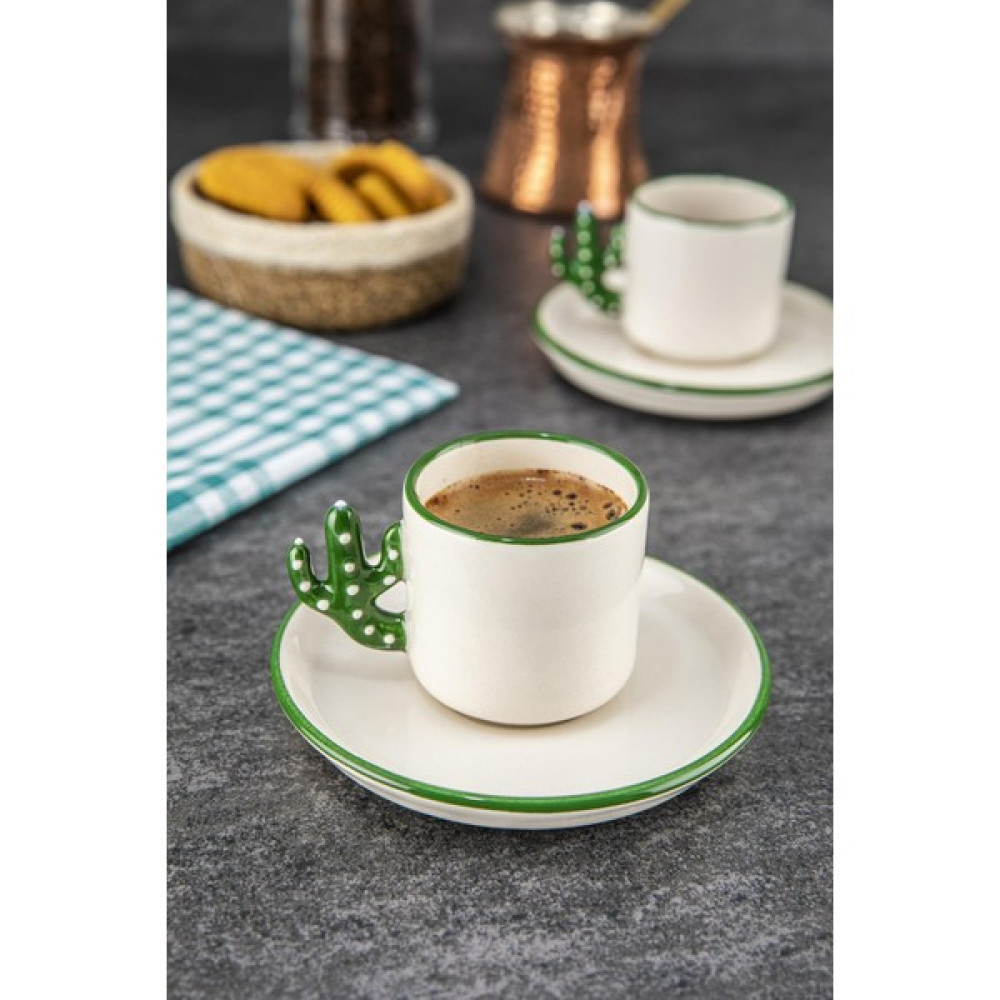 Kaktüs El Yapımı 110 ml Türk Kahvesi, Espresso Fincanı 2 Adet, Hediyelik 2 Li Fincan - Beyaz - Yeşil Fincan / Bardak / Kahve Takımı Fiyatı