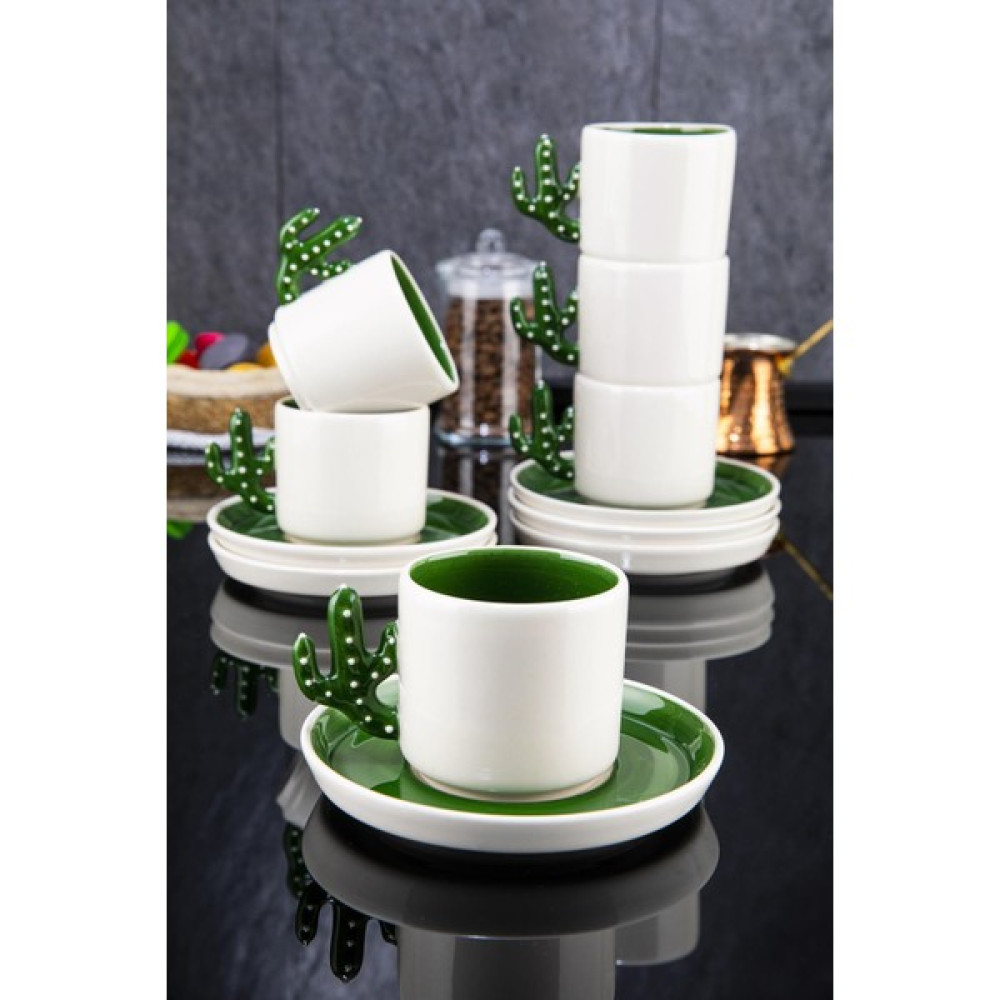 Kaktüs El Yapımı 180 ml Mocha, Americano, Filtre Kahve Fincan Seti 6'lı Yeşil - Beyaz - Yeşil Fincan / Bardak / Kahve Takımı Fiyatı