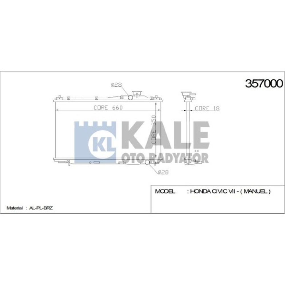 Kale Radyatör Honda Cıvıc Vıı 1.4-1.6 16V 01-->(Mt) (350*658*16) Al/pl/brz Oto Boyaları Fiyatı