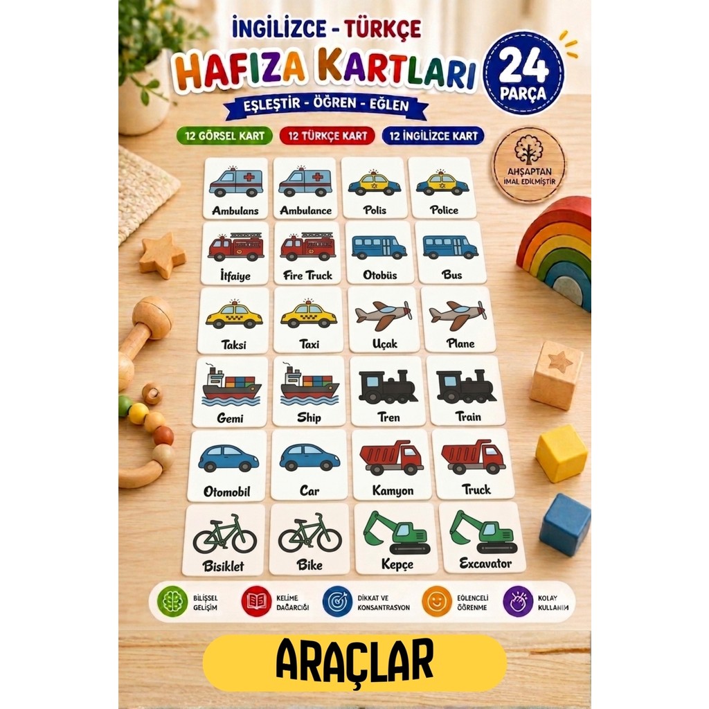 Kalides Ahşap Hafıza Kartı Seti - ARAÇLAR - Eşleştirme Oyunu – Okul Öncesi Zeka & Dikkat Geliştirici Oyun Kartları – Oyuncak Anne Bebek Oyuncak Fiyatı