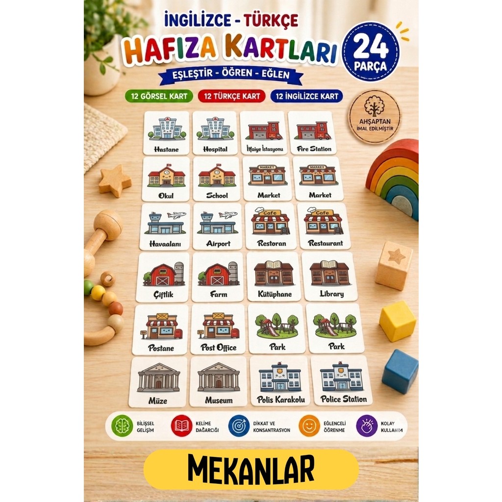 Kalides Ahşap Hafıza Kartı Seti - MEKANLAR - Eşleştirme Oyunu – Okul Öncesi Zeka & Dikkat Geliştirici Oyun Kartları – Oyuncak - Mekanlar Anne Bebek Oyuncak Fiyatı
